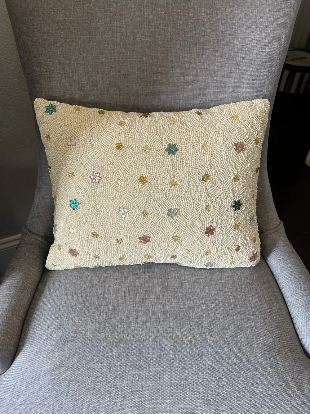 Cream Decorative Beaded Star Pillow - Home Holiday